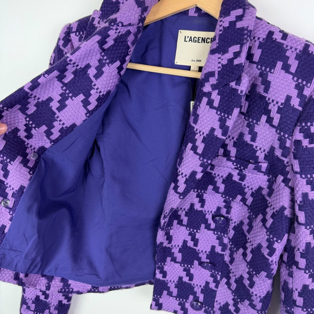 NWT L'AGENCE Inez Purple Houndstooth Cropped Double Breasted Blazer Sz 4 Jacket - Picture 3 of 12